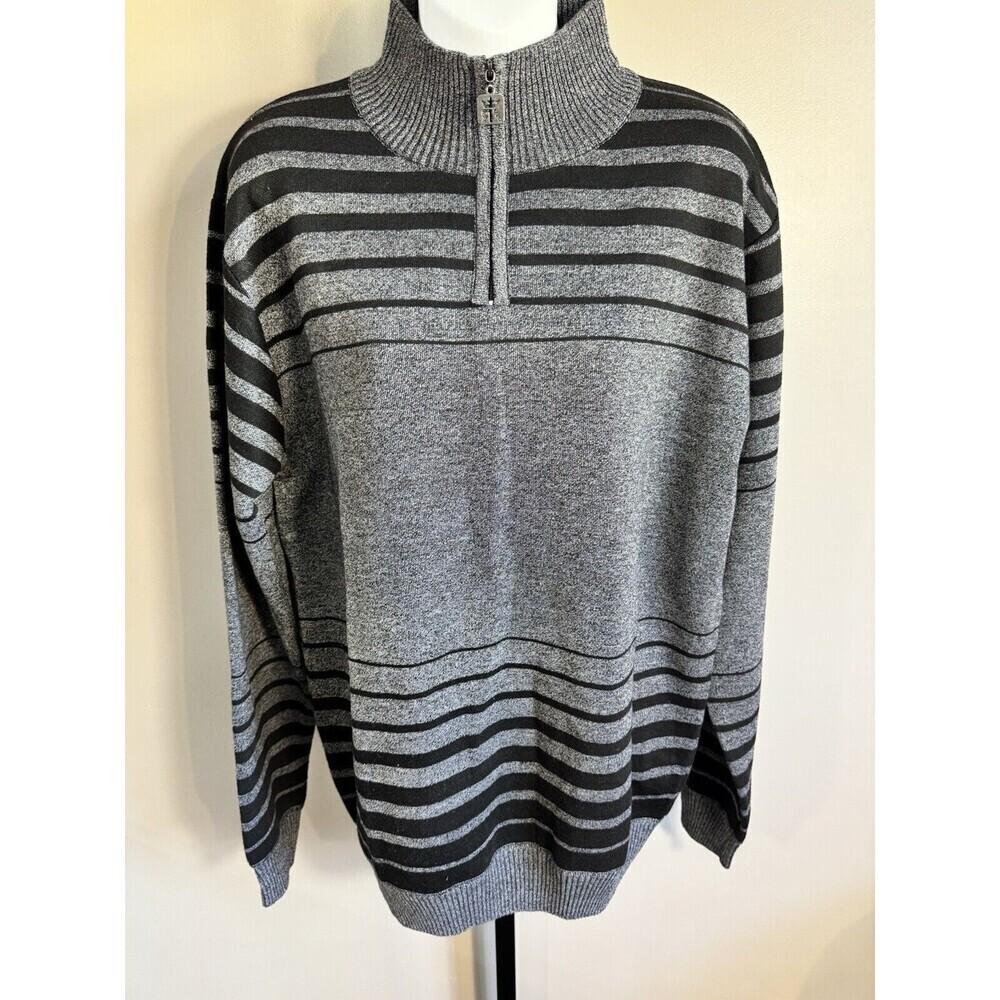 Mens Red Ape L Gray Black  Striped Long Sleeve 1/4 Zip Sweater